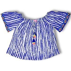 Lilly Pulitzer Sain Off The Shoulder Top in "Blue Crush" Stripe Tassel Small